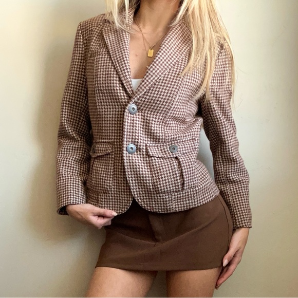 American Eagles Vintage 90s Brown Houndstooth Wool Blazer - Picture 1 of 12